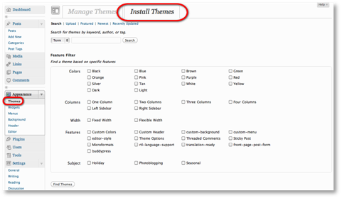 install themes menu wordpress