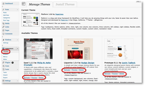 manage themes menu wordpress