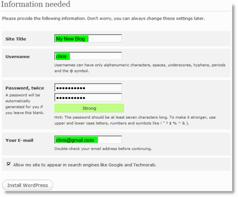 Wordpress Installation Screen